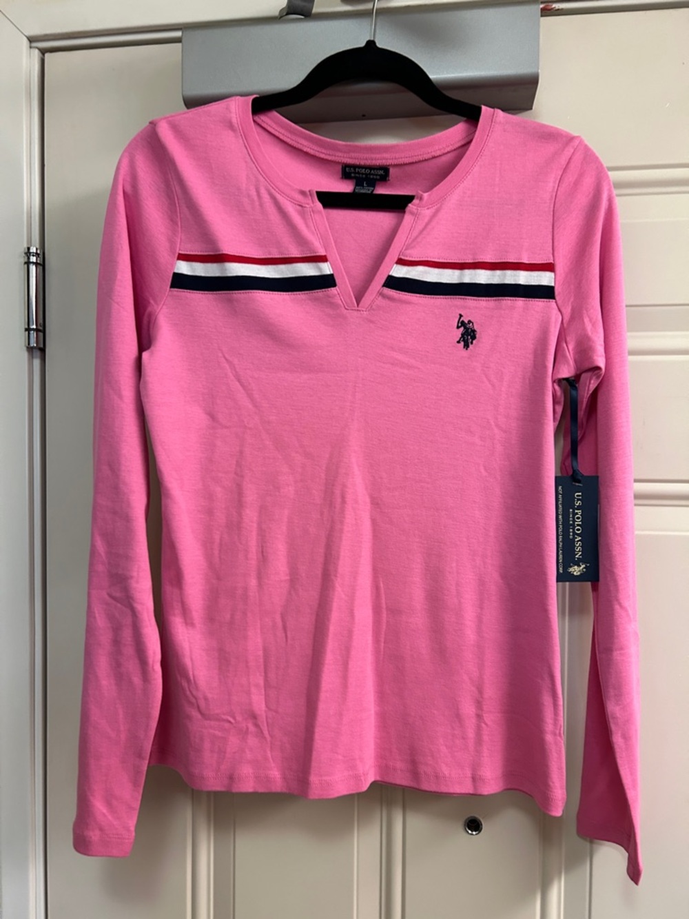 U.S. Polo Assn. Pink Long Sleeve Notch V Top with Navy Stripe Detail. Size L